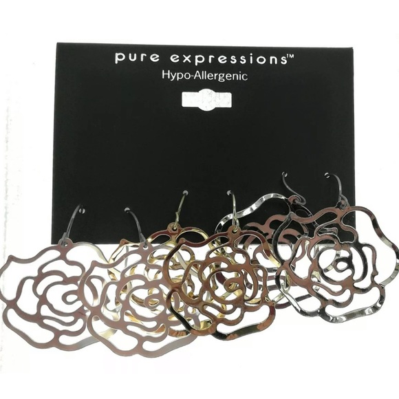 pure expressions Jewelry - Cutout Flower Earring Trio- brushed silver, gold and shiny silver